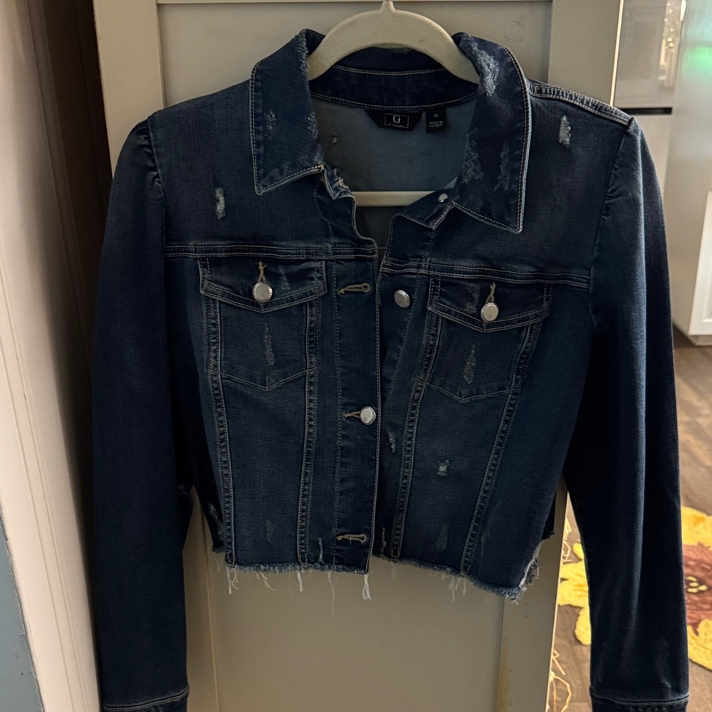 G by Giuliana Dark Blue Cropped Distressed Denim Jacket